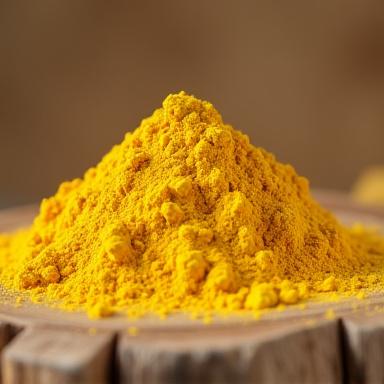 Polvere di ocra gialla su una superficie di legno